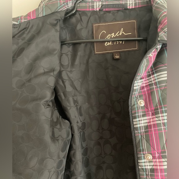 Coach Quilted Navy Blue & Purple Plaid Print Long Sleeve Snap Front Jacket Sz L - Picture 6 of 6